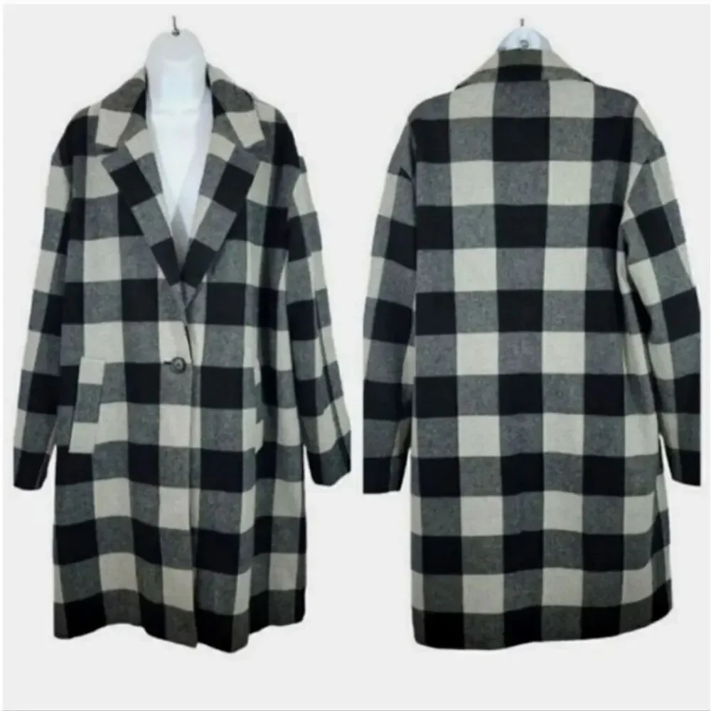 American Eagle Buffalo Plaid Trench Car Coat in Black/Gray Check Size Large